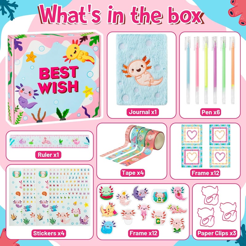 CY2SIDE 44PCS Axolotl DIY Journal Kit Set for Kids Axolotl Plush Scrapbook Diary Journaling Stationery Set for Writing Make Your Own Scrapbook with Crafts Idea Birthday Gifts for Teen Girls DIY Gifts - Image 2